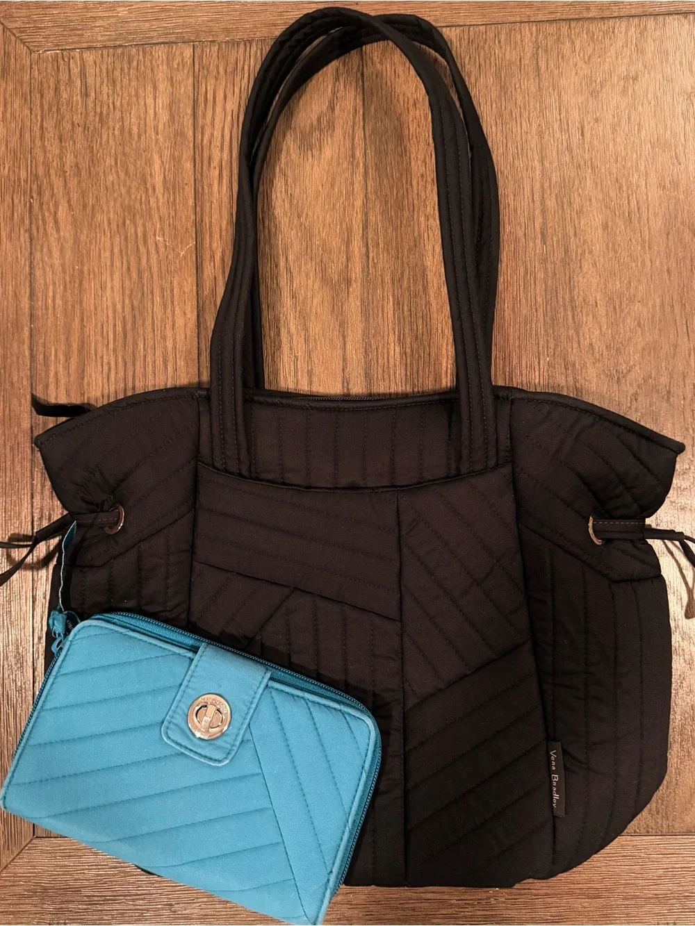 Vera Bradley Glenna Satchel NWT & Turn Lock Wallet Bundle Black + Teal Quilted - Picture 1 of 8